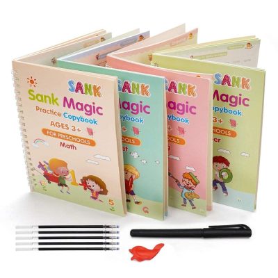 TLBS Magic Practice Copybook for Kids, Handwriting Workbook, Reusable Writing Practice Book for Preschools- Alphabet Number Math Drawing Groove Copybook | 4 Books with Pens, Refills