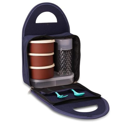 TLBS Lunch Box with Bag, Lunch Box Steel with 3 Air Tight & Leakage Proof Containers, 1 Caserolles Set with Plastic Bottle, Lunch Boxes for Office (BT+)