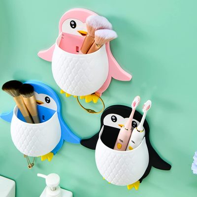 TLBS Penguin Design Holder for Toothpaste and Also Holder for Stationery Items Plastic Toothbrush Holder (Multicolor, Wall Mount)