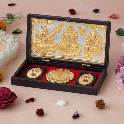 TLBS Maa Laxmi Ganesh Saraswati Photo Frame with Charan Paduka Religious Frame