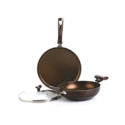 CRYSTAL COPPO TAWA WITH KADAI (FLAT TAWA 250MM+KADAI 240MM+GLASS LID 240MM)